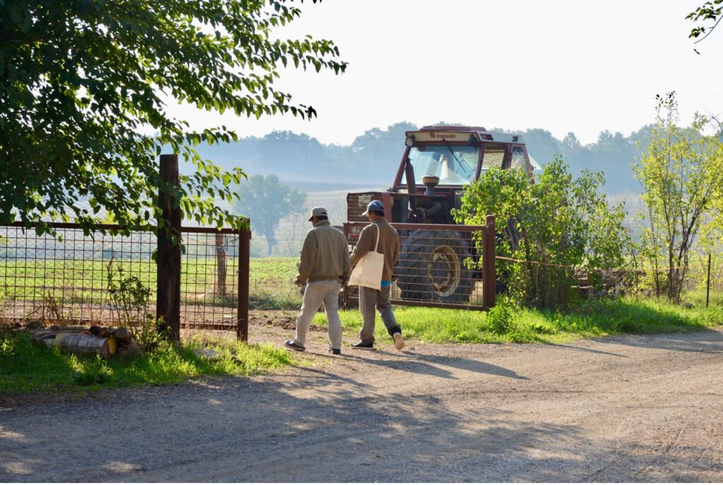 People walking in front of farming equipment