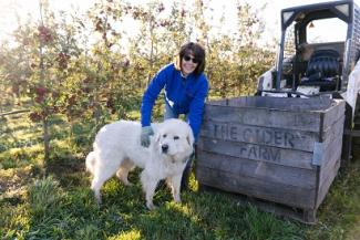DB with her dog Bella in the orchard. Bobcat and apple bin behind.