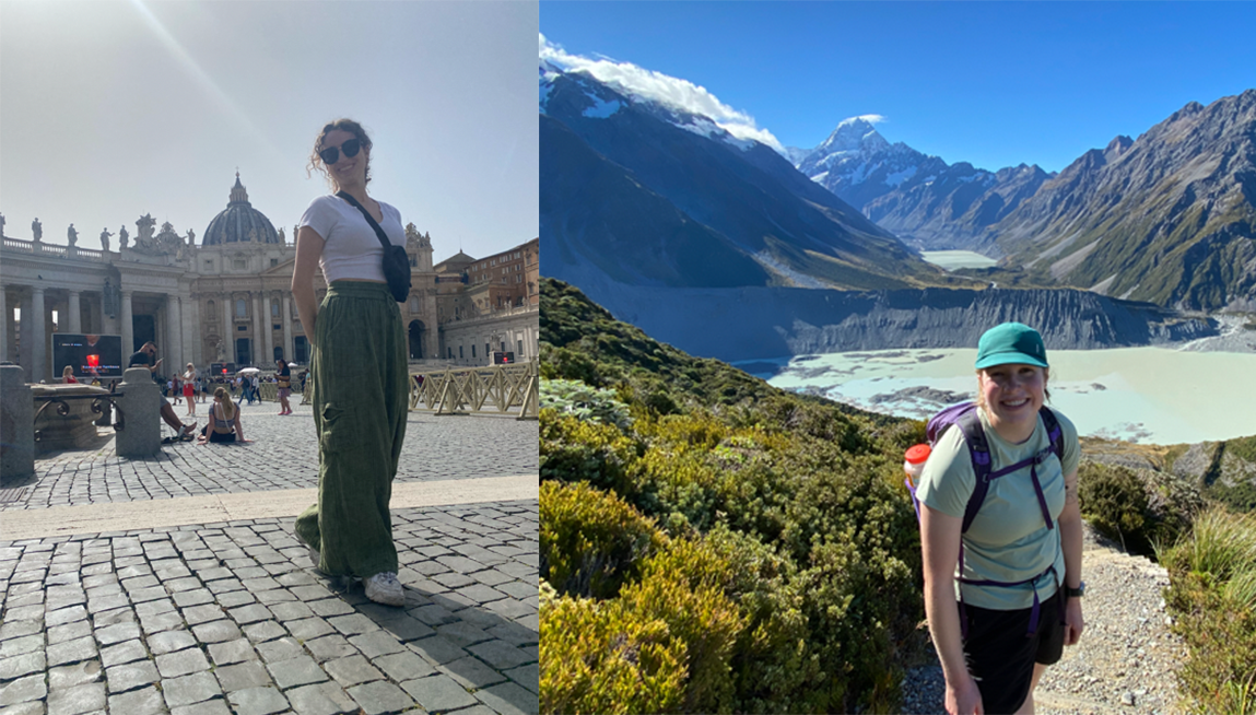 2 UVM students, one in Italian plaza and one in New Zealand mountains