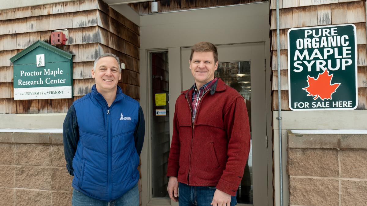 Mark Cannella and Mark Isselhardt outside the Proctor Maple Research Center Building