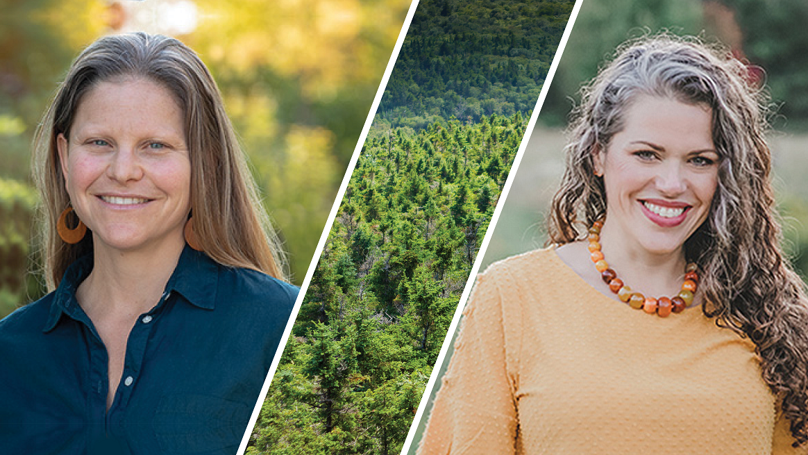 A composite image of Rachelle Gould (left) and Trisha Shrum (right), with a forest shown on the middle panel