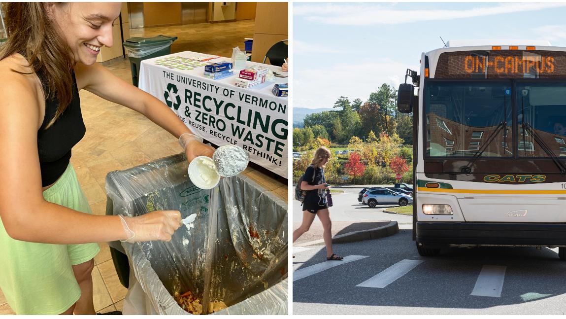 woman getting on bus, woman recycling