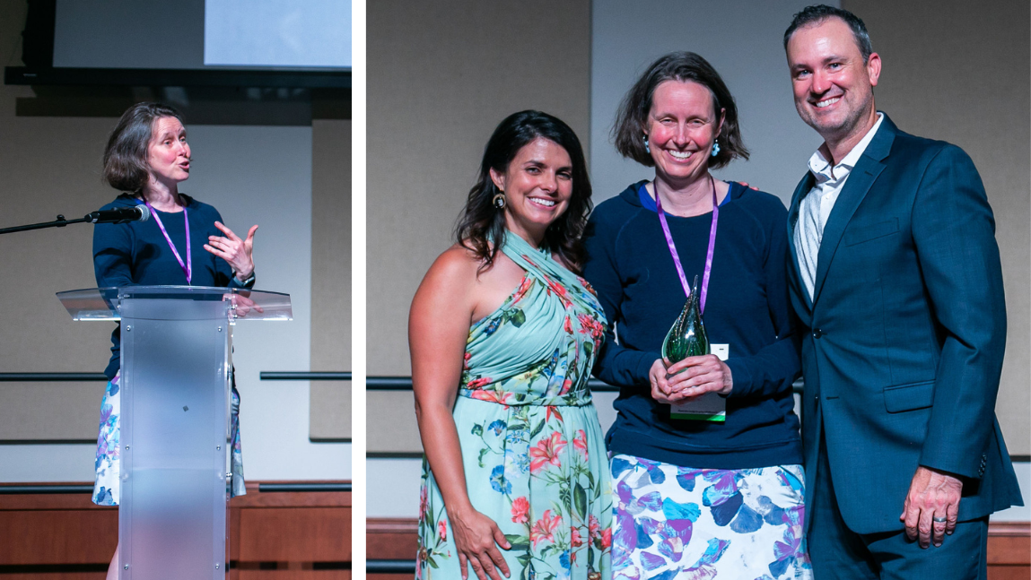 Susan Whitman, above left, address the audience at the The Health and Well-Being Coaching Conference about her work in the field. Above right, Whitman poses with conference organizers Dr. Jessica Matthews and Jay Petterson.