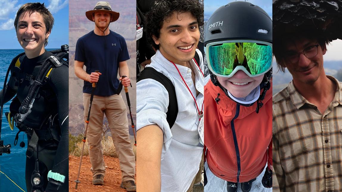 A collage of the five students featured in this article. From left to right: Emma Wetsel, Parker Kimberly, Soham Mehta, Sara Sexton, and Val Kostelnik.