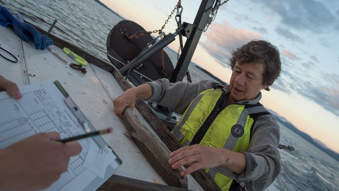 Ellen Marsden on the deck of a boat handling a fish