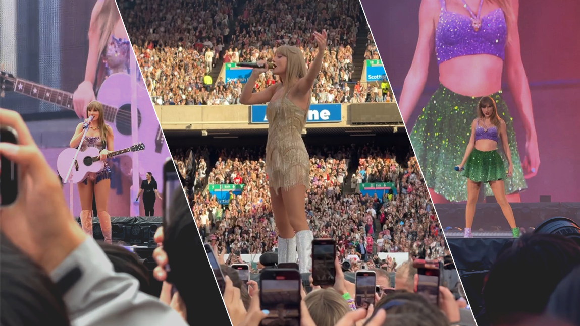 Three images of Taylor Swift in concert