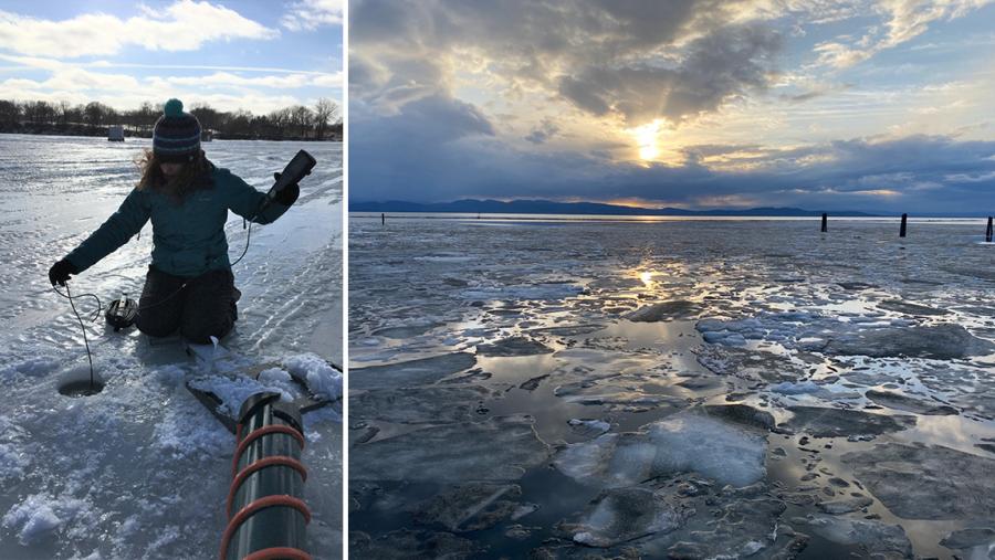 On the left Dr. Morales-Williams samples freshwater from an ice covered lake, on the right a frozen Lake Champlain
