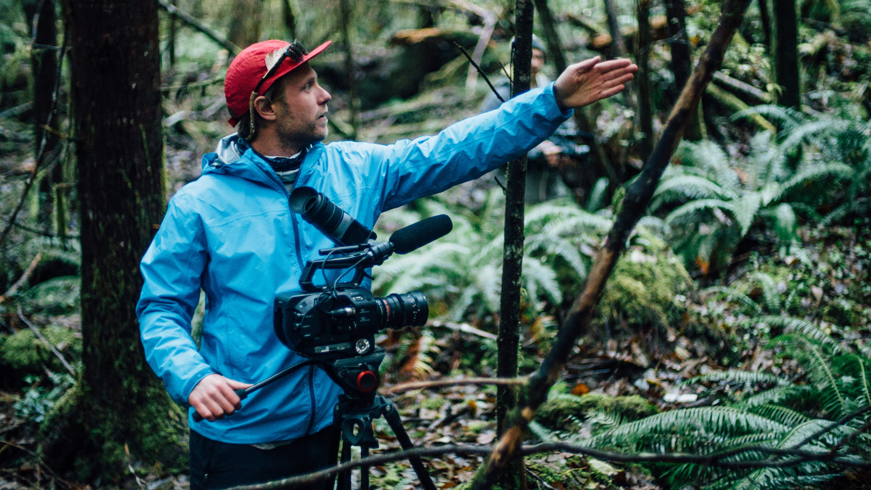 man in blue jacket and red cap with video equipment works on a shoot in the forest