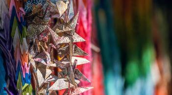 Multicolored origami folded paper cranes