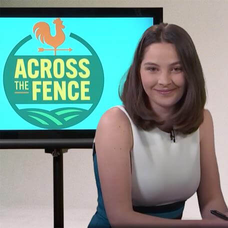 young woman news reporter sitting in front of a tv monitor that says across the fence