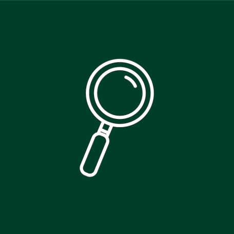 A white vector image of a magnifying glass over a dark green background.