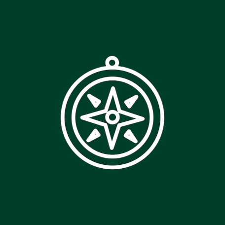 A white vector image of a compass over a dark green background.