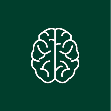 A white vector image of a brain over a dark green background.