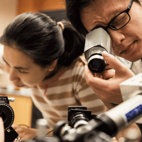 A student looks through a magnifying lens