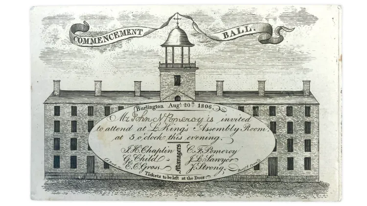 an old invitation for university commencement featuring the original old mill from 1806