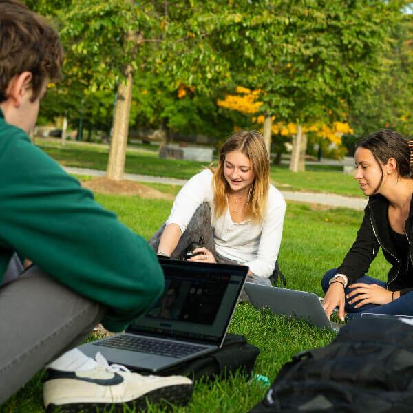 Students sitting on the grass with laptops
