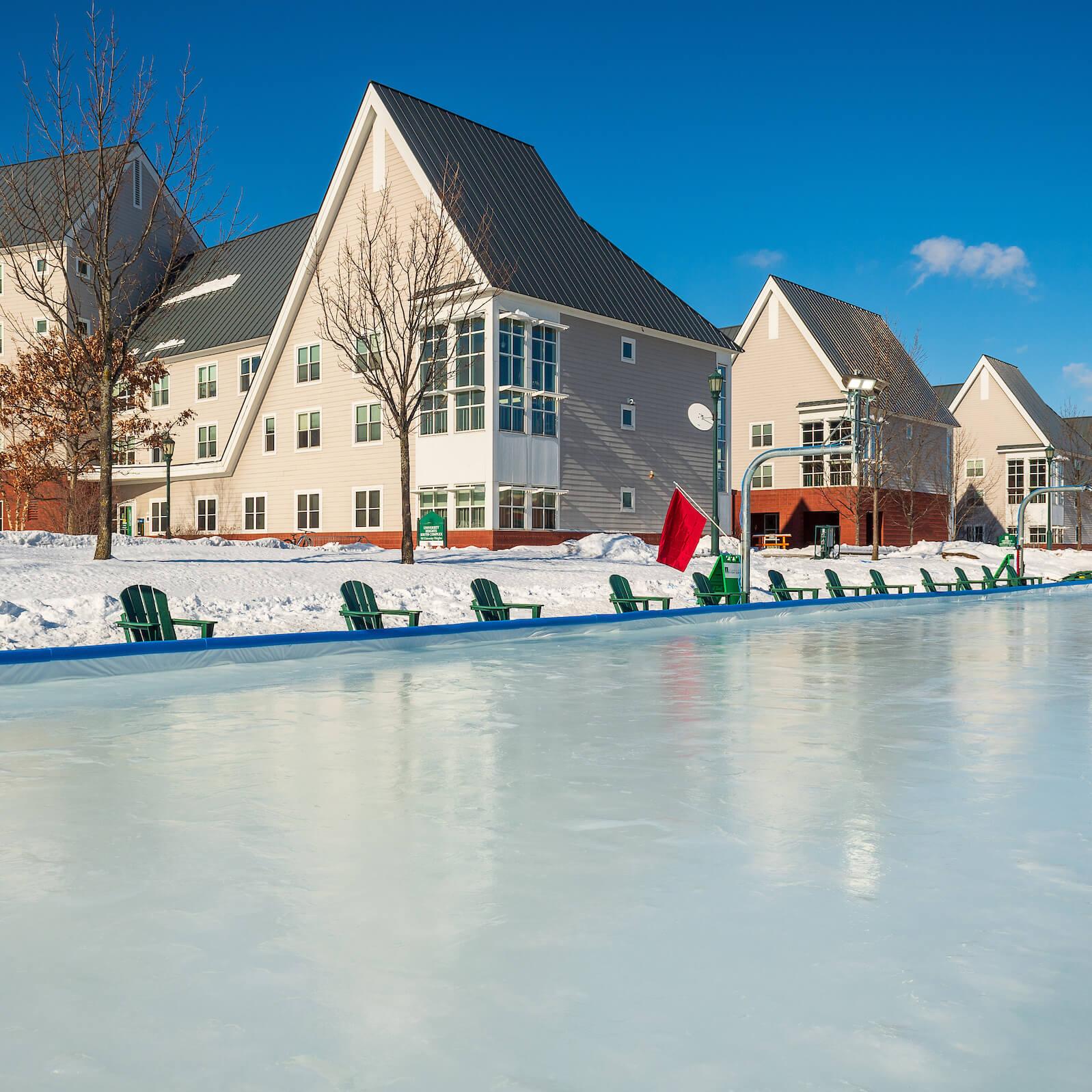 Ice skating rink outside the University Heights dorms in winter