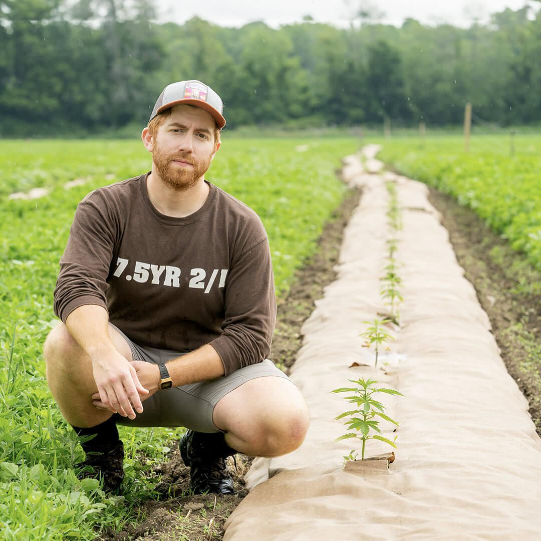 a man kneels along growing plans in a field