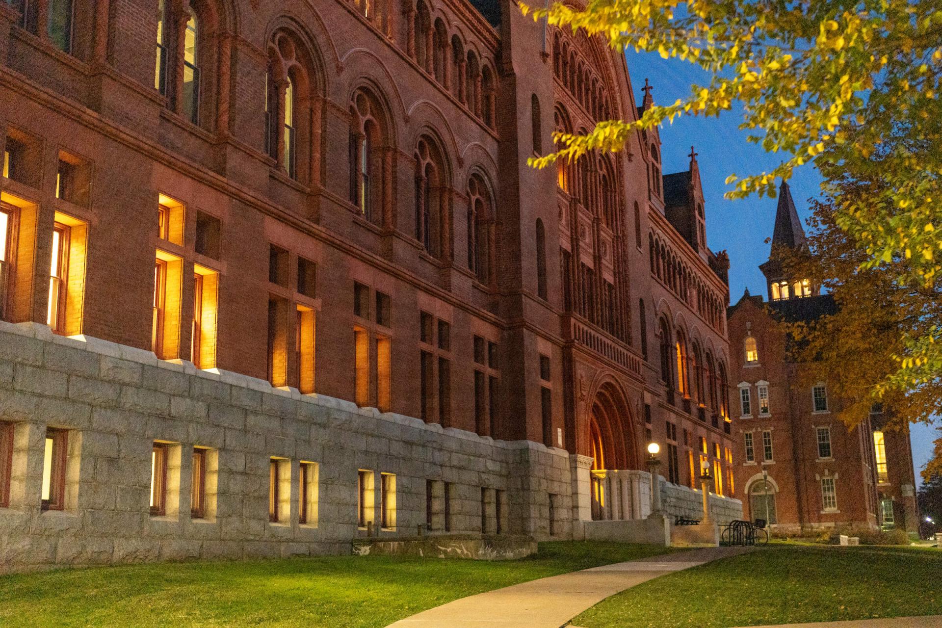 Building exterior at twilight.