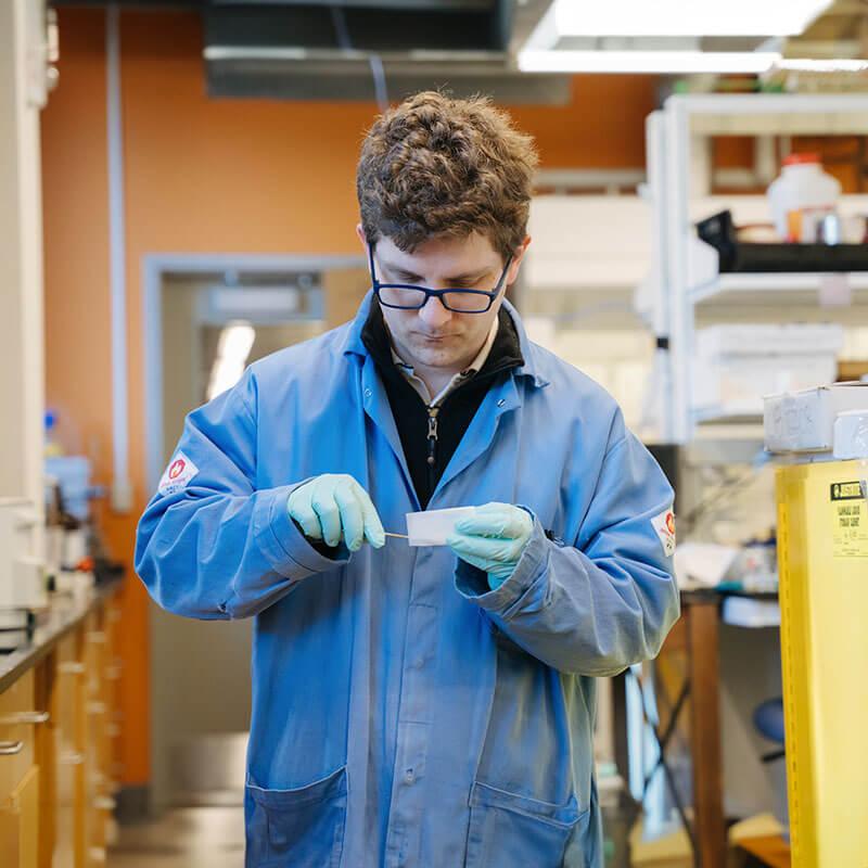 A person wearing a lab coat is in a lab working with a petri dish.