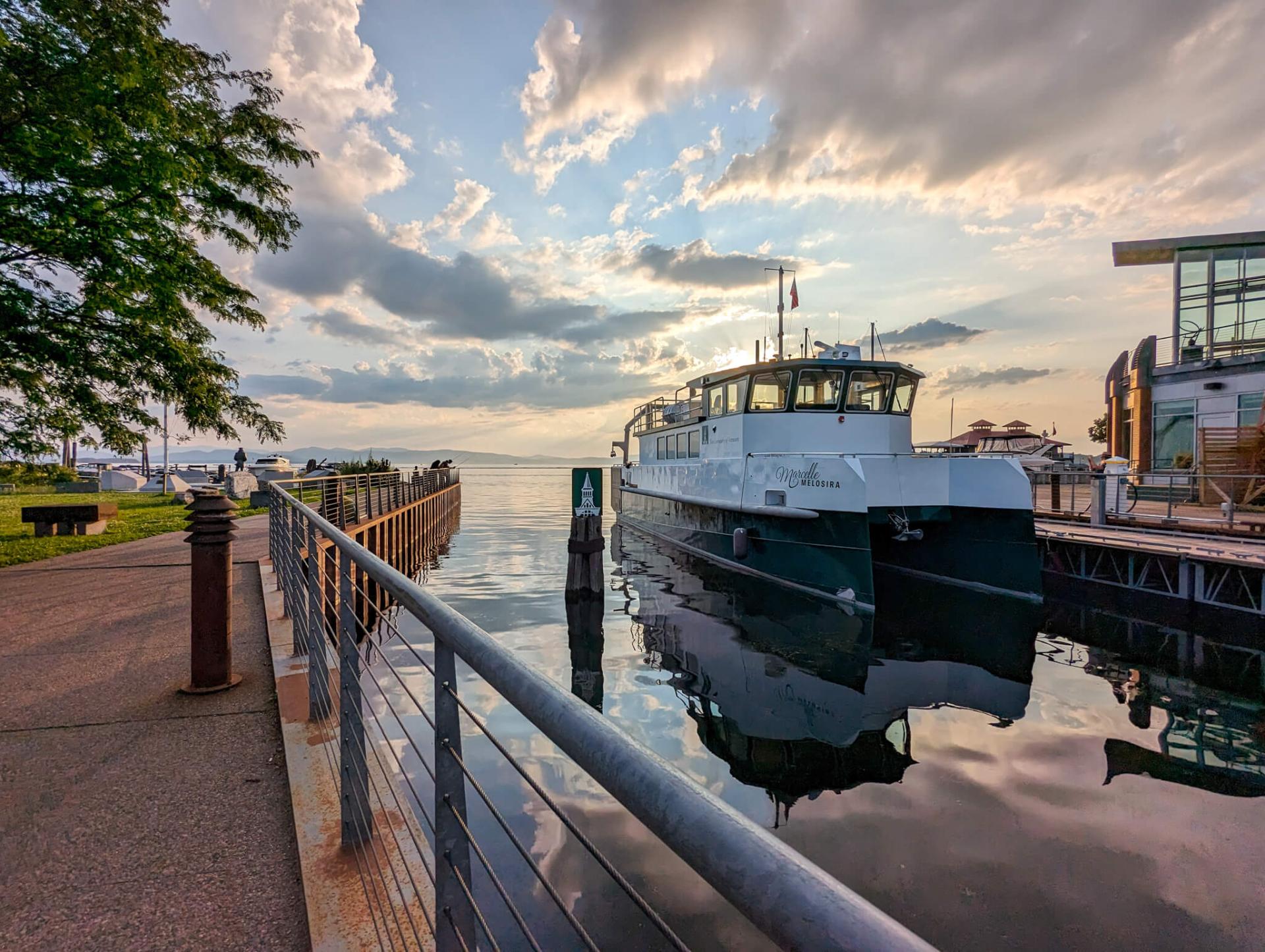 The UVM Research Vessel, Marcelle Melosira, at the dock on the Burlington, VT waterfront