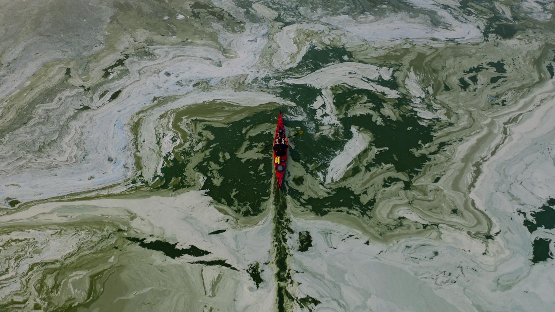 View of a kayak in the lake from above