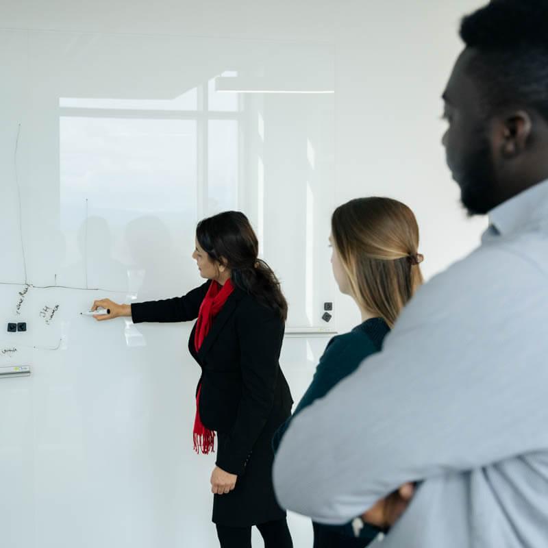 Faculty researcher working writing on whiteboard