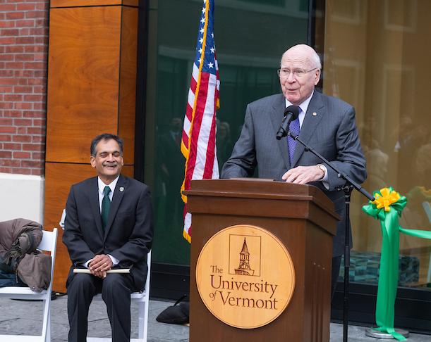 Senator Patrick Leahy speaking at a podium 