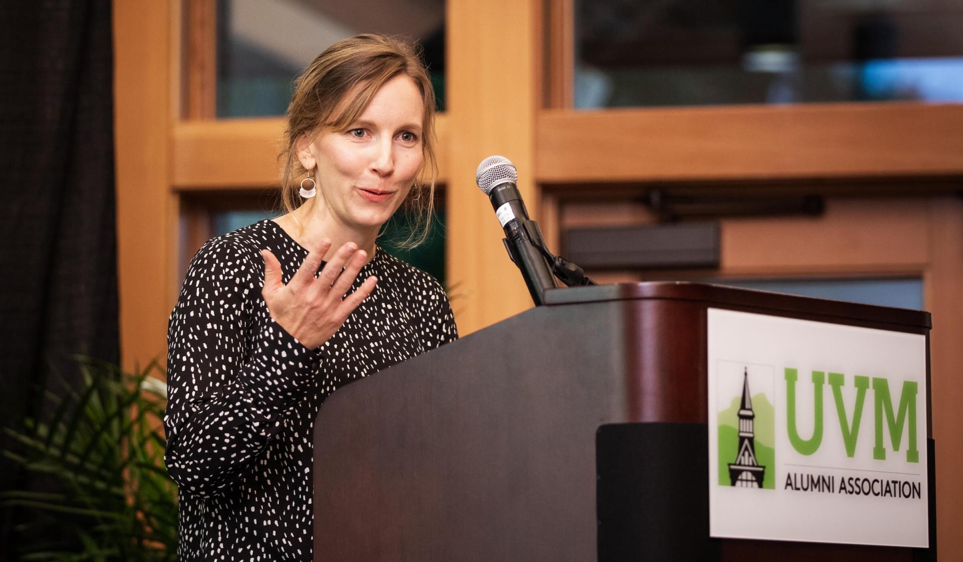 Sarah Robinson delivers her remarks at the UVM Alumni Association Awards reception.