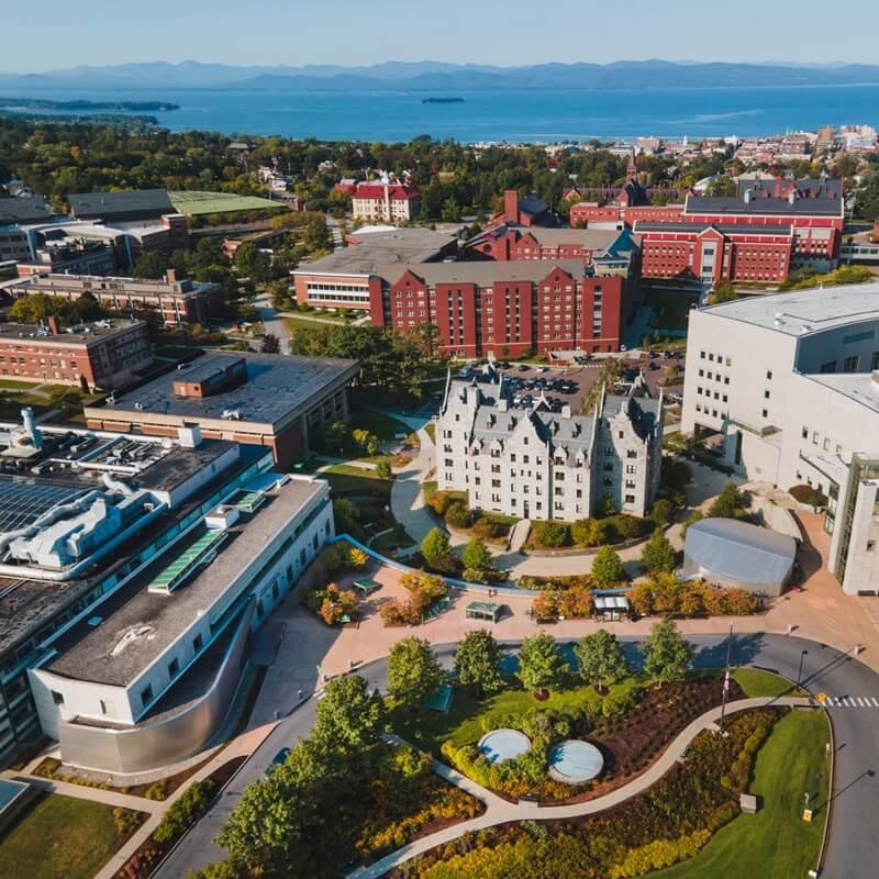 Aerial view of UVM and Lake Champlain