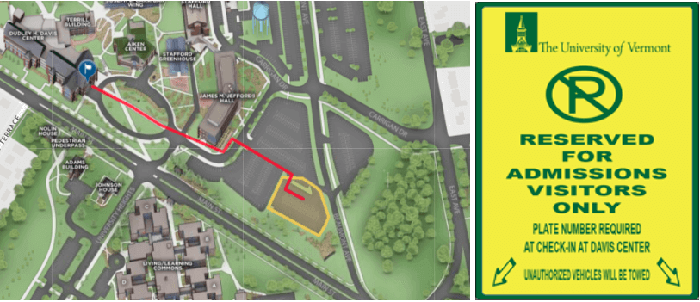 Map showing admissions parking area and sign reading Reserved for Admissions Visitors Only