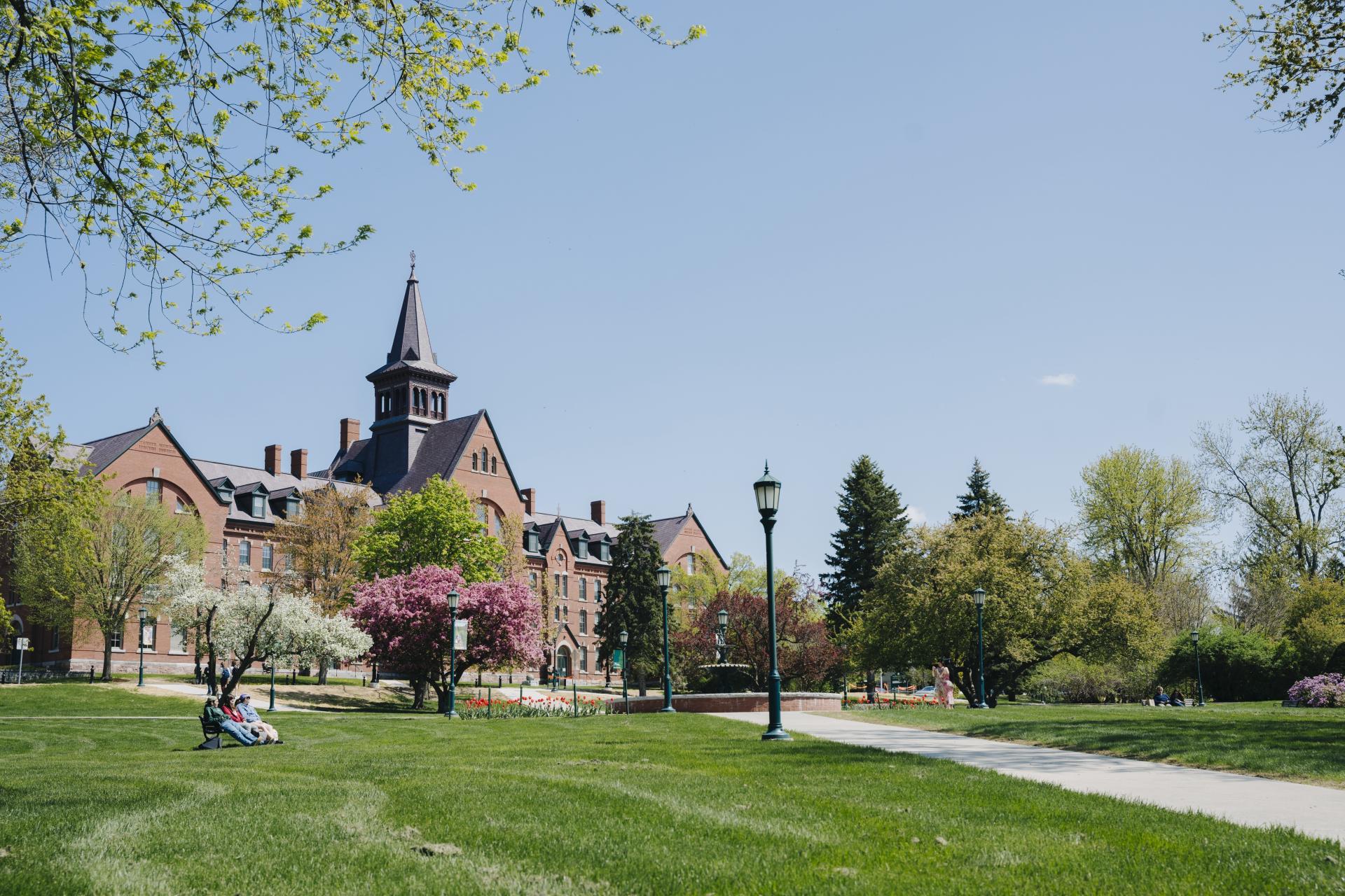 A view of Old Mill and the UVM green in spring. 