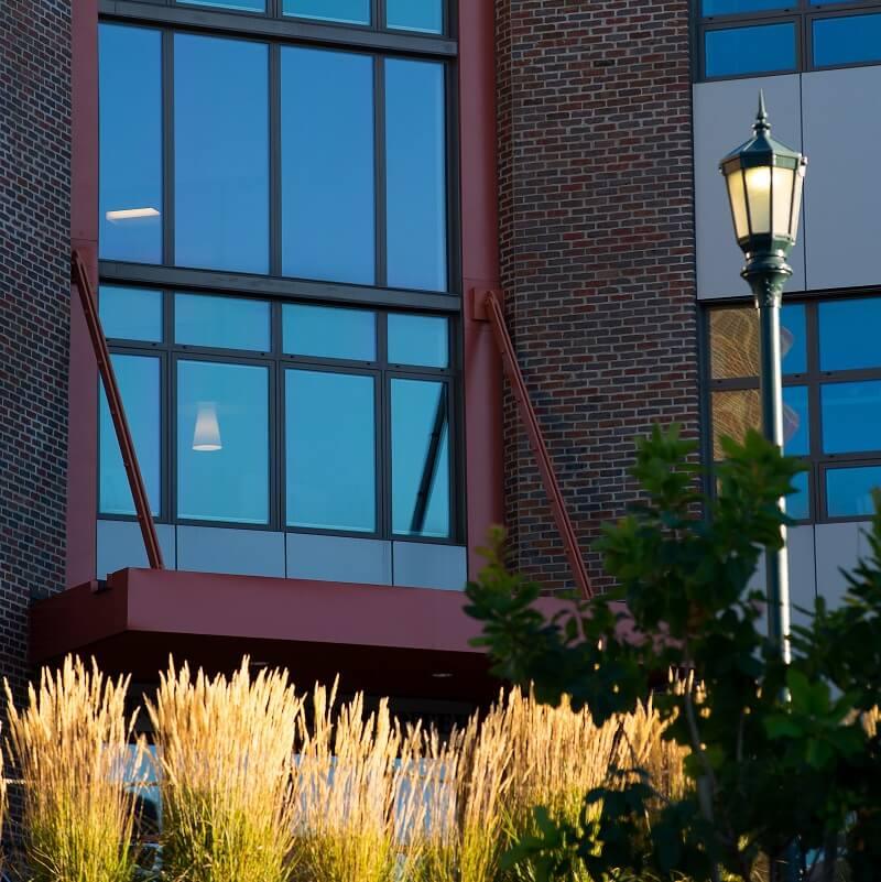 The exterior of the Aiken Center with tall grasses and a lamppost in view