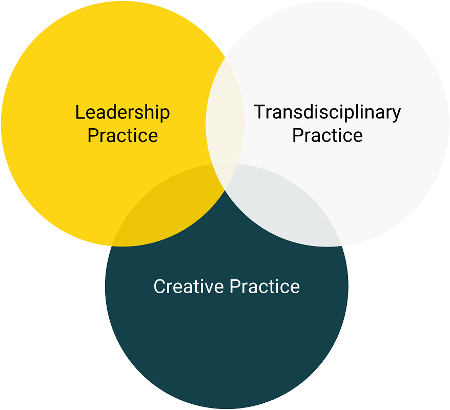 A Venn diagram with three circles containing the text "Leadership Practice", "Transdisciplinary Practice", "Creative Practice"