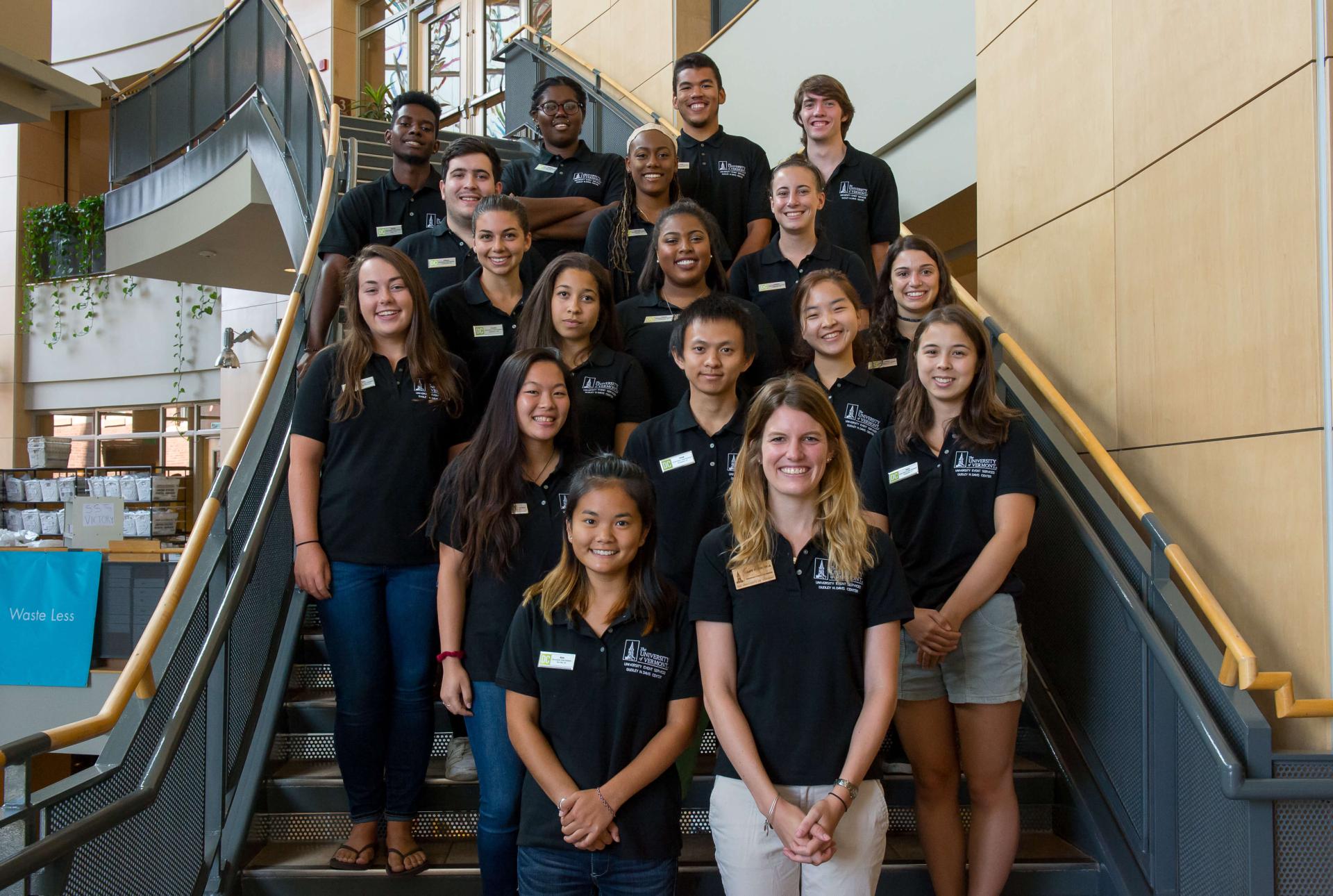 A shot of many Davis Center employees on the main stairwell of Davis Center