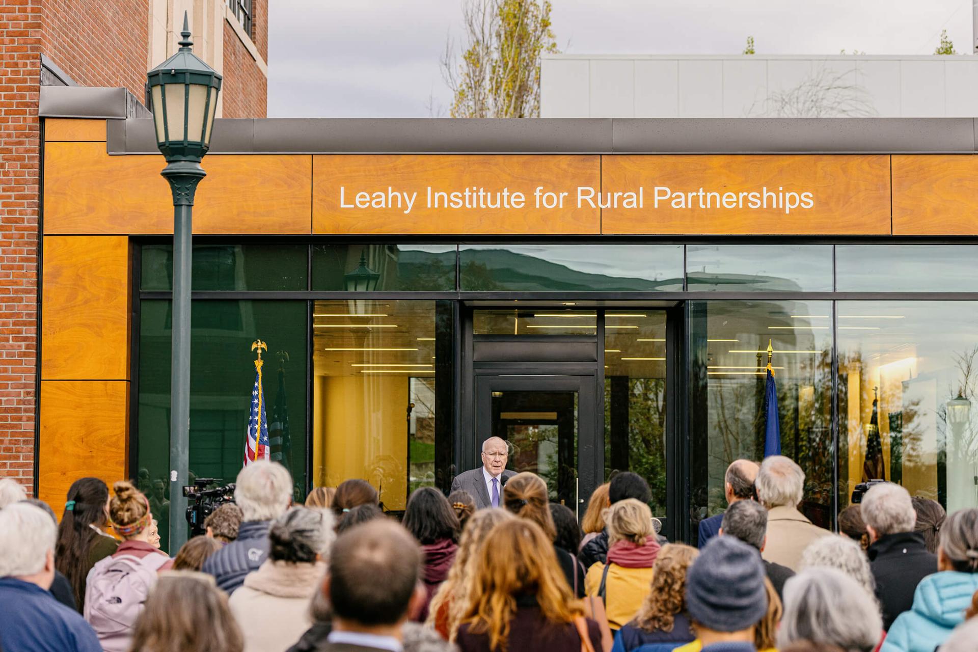 Senator Leahy speaking in front of a crowd