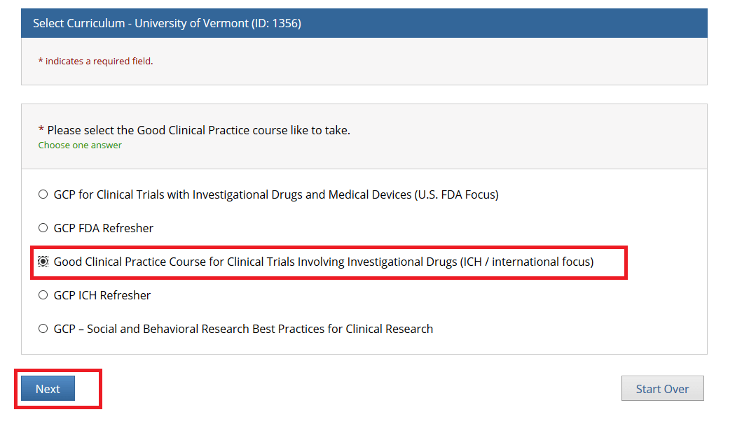 Diagram showing selection of Good Clinical Practice course