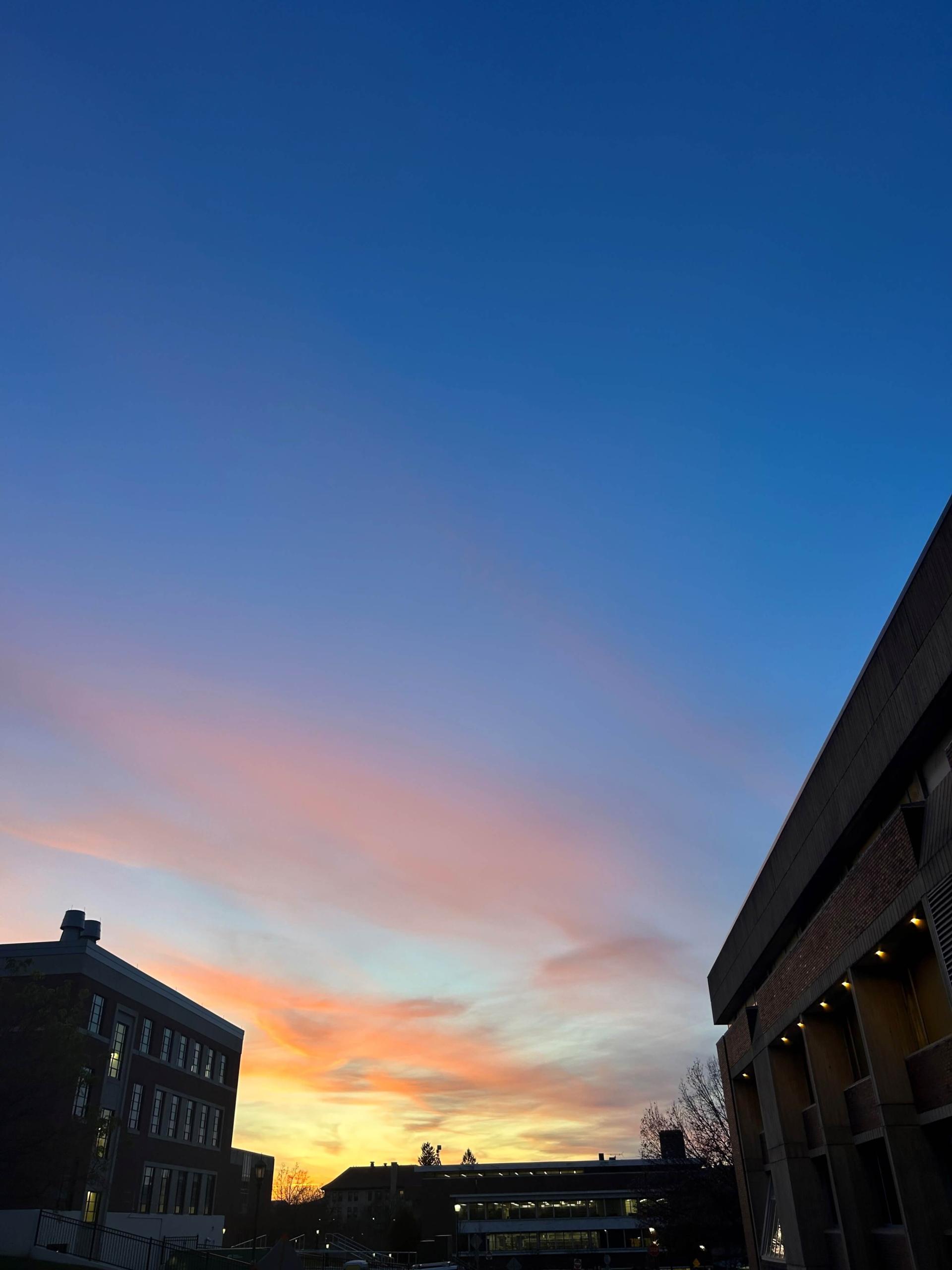 Sunset outside the Given Medical Building on UVM Campus