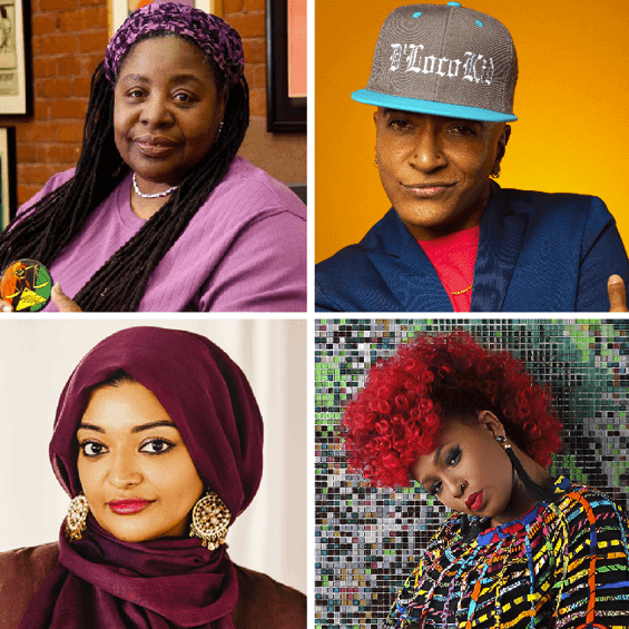 Four square portraits of IES presenters Loretta Ross, D'Lo, Rabia Chaudry, and Maimouna Youssef separated by a thin white line.