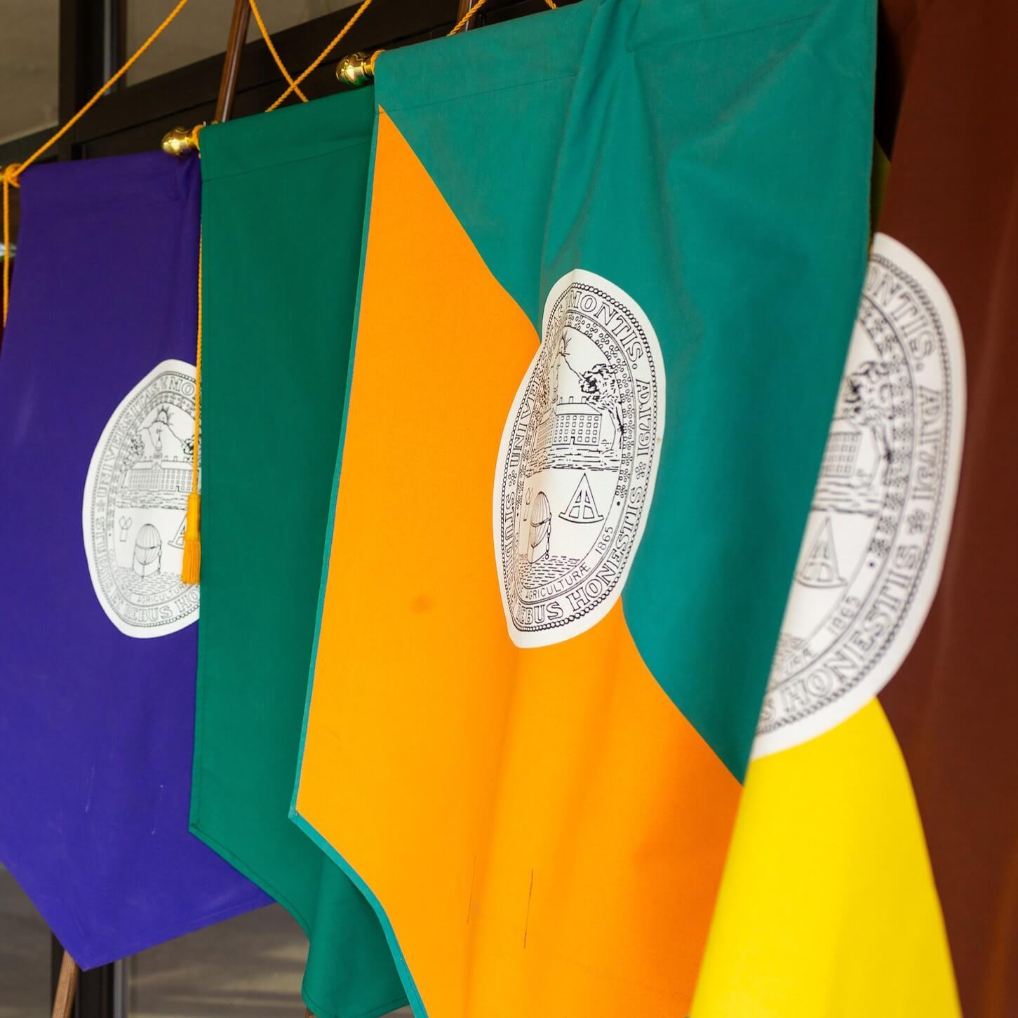 UVM commencement flags for some of the colleges leaning against an entry way.