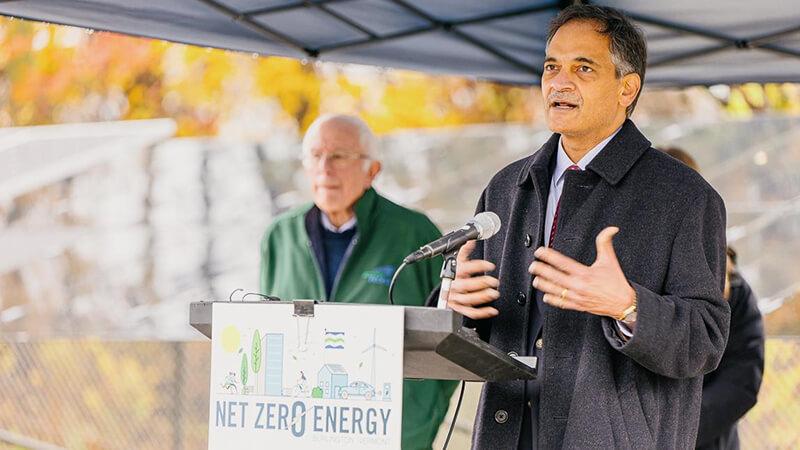 UVM President Suresh Garimella speaking at the dedication of the university's Solar Research and Training Facility at the McNeil Generating Station in Burlington, Vt.