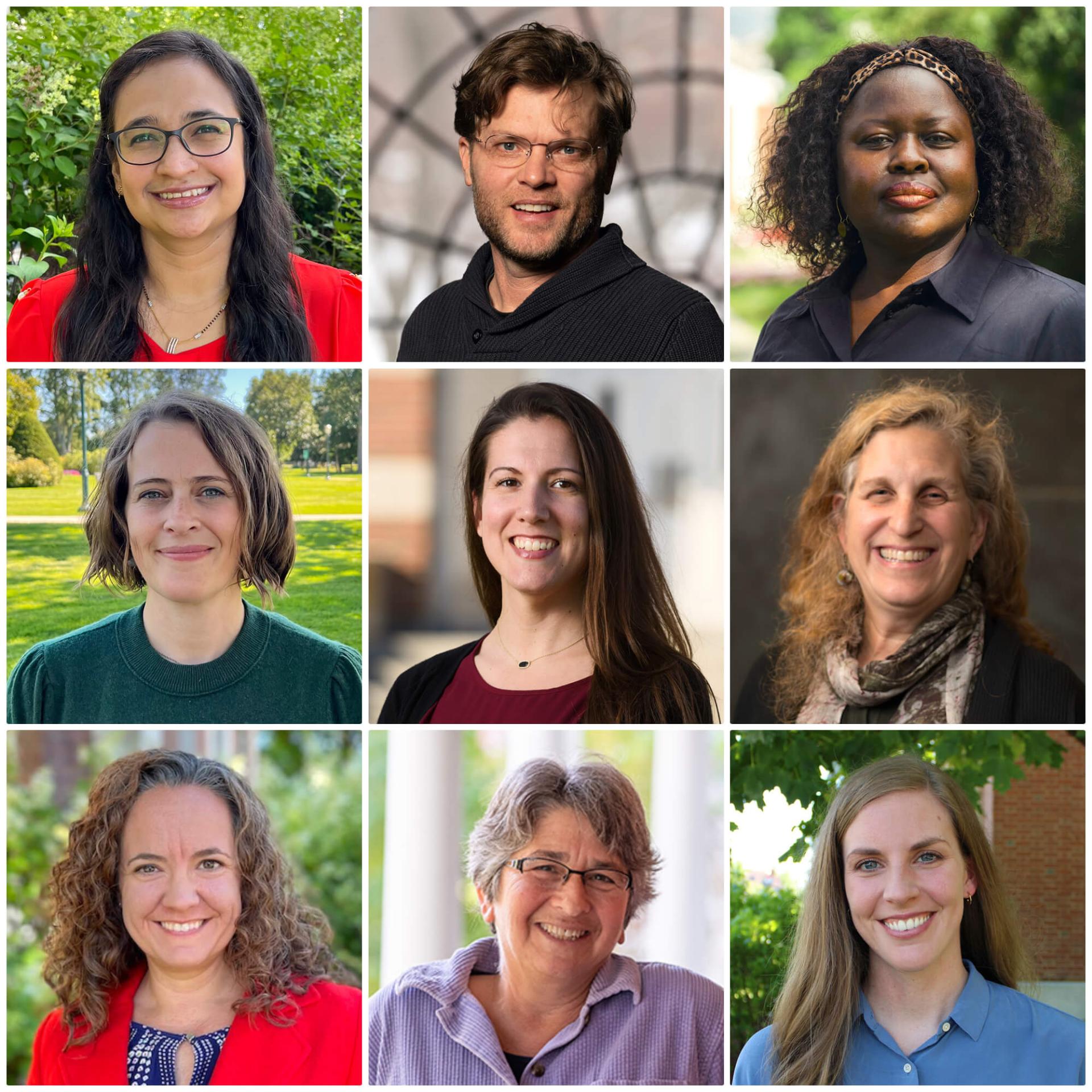 collage of nine faculty members including Aishwarya Joshi, Lance Smith, Jane Okech, Anna Elliott, Nicole Conroy, Julie Welkowitz, Christine Proulx, Jackie Weinstock, and Nancy Thacker Darrow