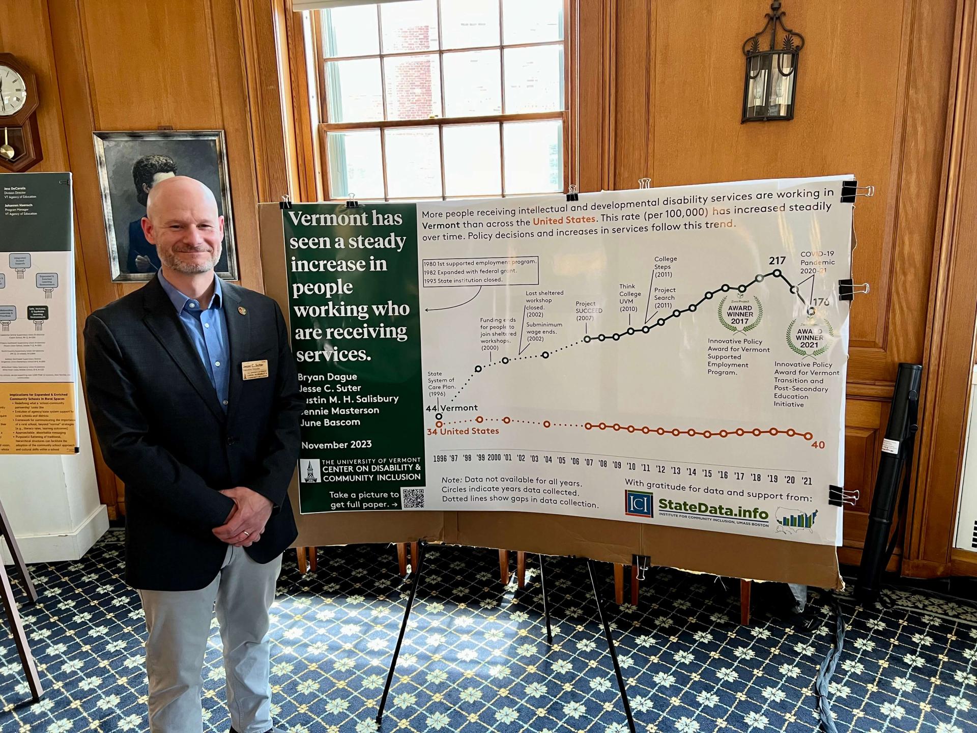 Jessie Super stands with his research poster at the 2024 CESS Research Symposium.