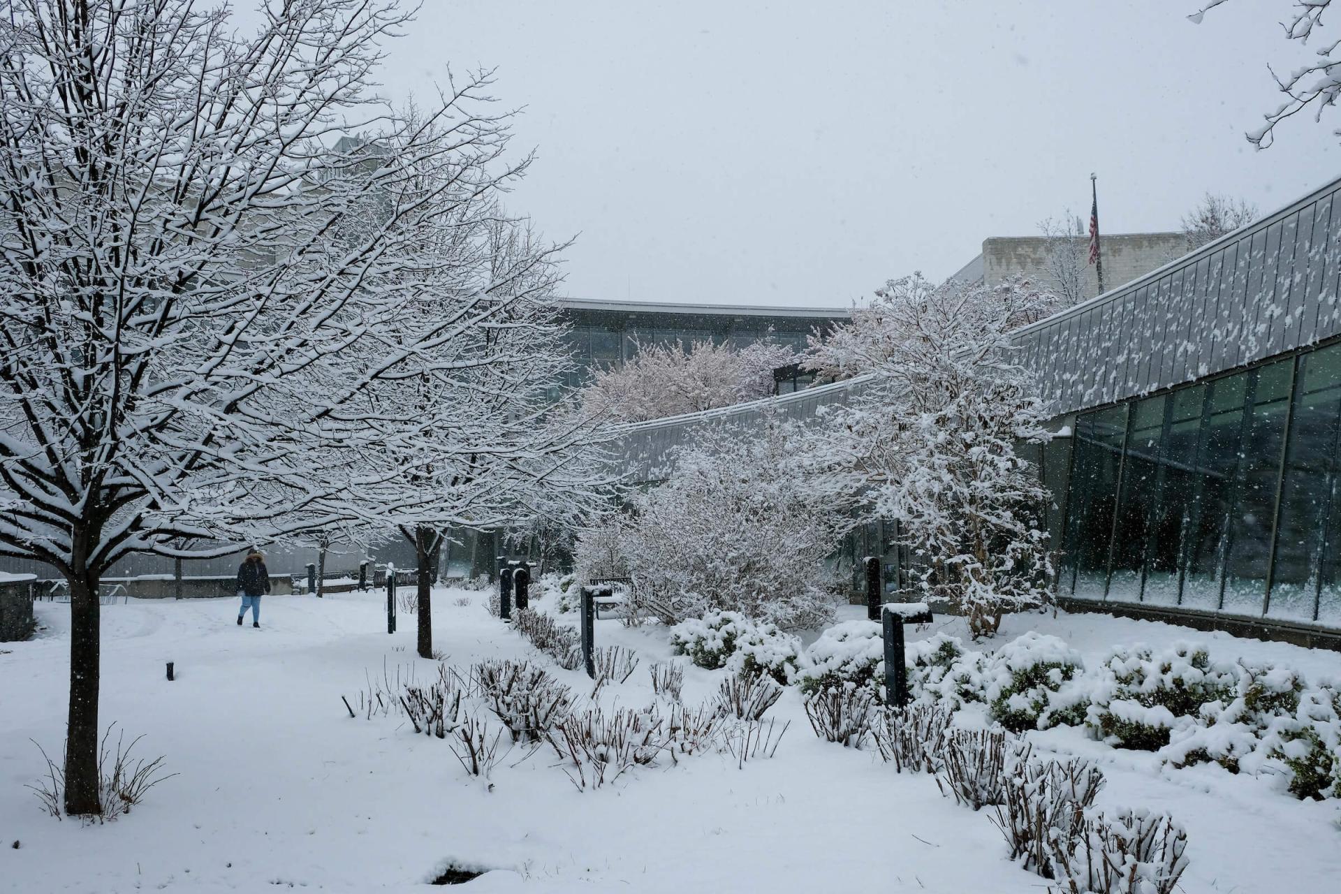 The exterior of the Given Medical Building during winter, covered in snow.