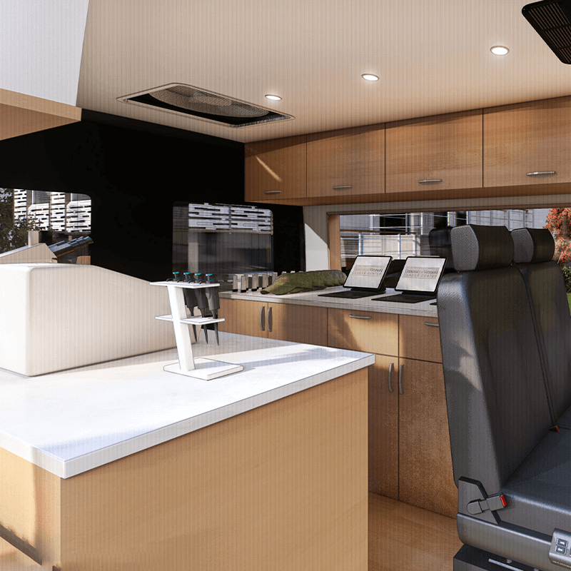 Interior rendering of the mobile lab features lab equipment, microscopes, and lap tops.