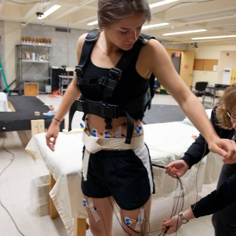 A subject wearing movement sensors in the human performance lab