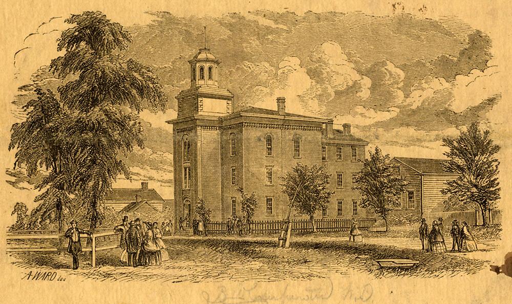 Old drawing of campus building.