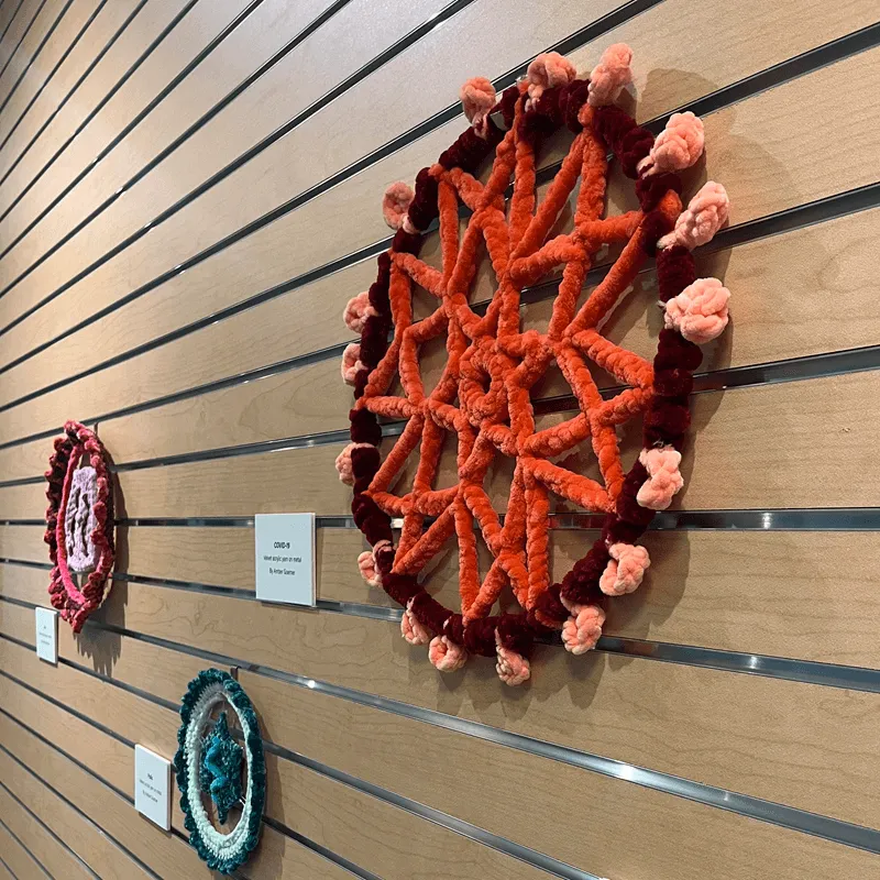 crocheted virus and microbe artwork by Amber Goerner hanging on slat wall
