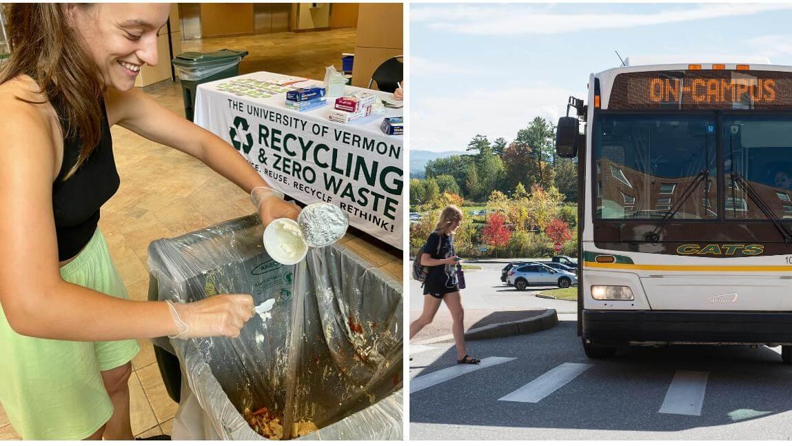 woman getting on bus, woman recycling