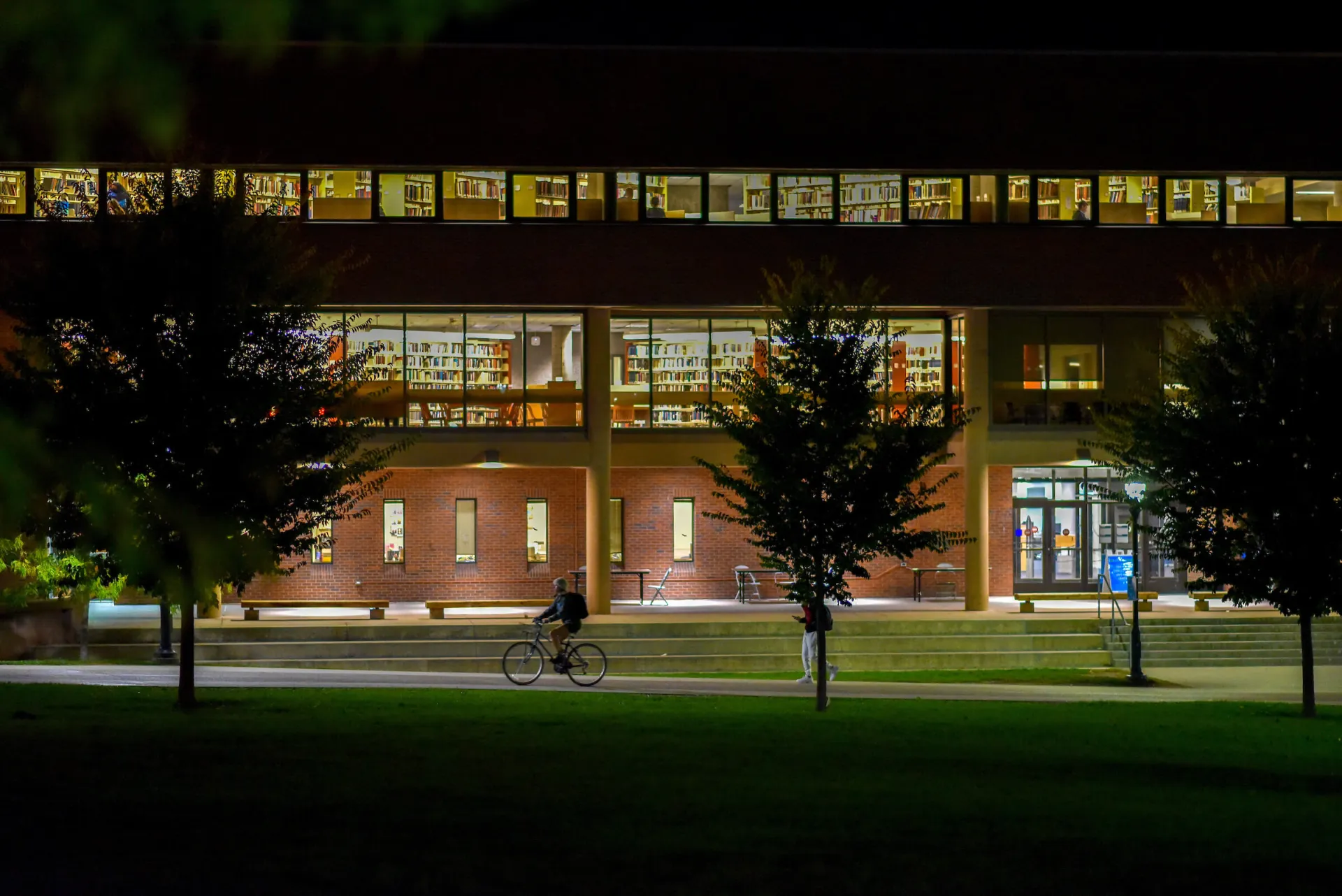 A bicycle drives by the library at night.